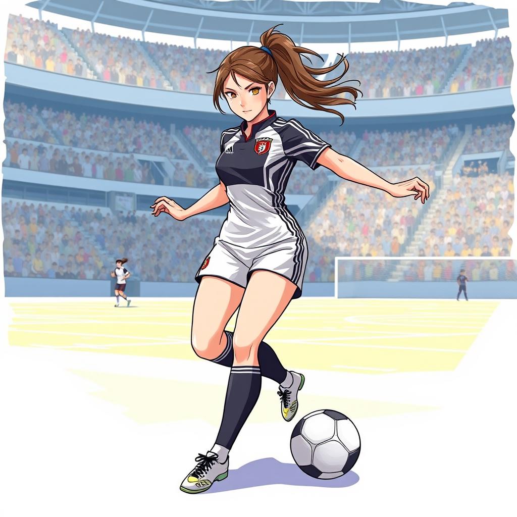 A detailed illustration of a female soccer player in action, wearing a stylish and form-fitting uniform