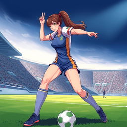 A detailed illustration of a female soccer player in action, wearing a stylish and form-fitting uniform