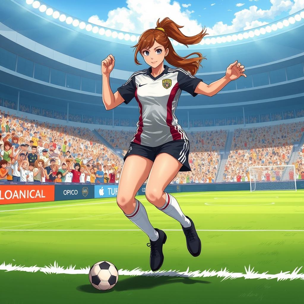 A detailed illustration of a female soccer player in action, wearing a stylish and form-fitting uniform