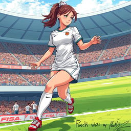 A detailed illustration of a female soccer player in action, wearing a stylish and form-fitting uniform