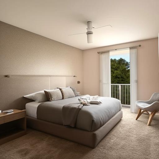 A cozy, well-arranged bedroom with a comfortable king-sized bed, stylish nightstands, ambient lighting, soft plush carpet, and a large window revealing a serene view outdoors.