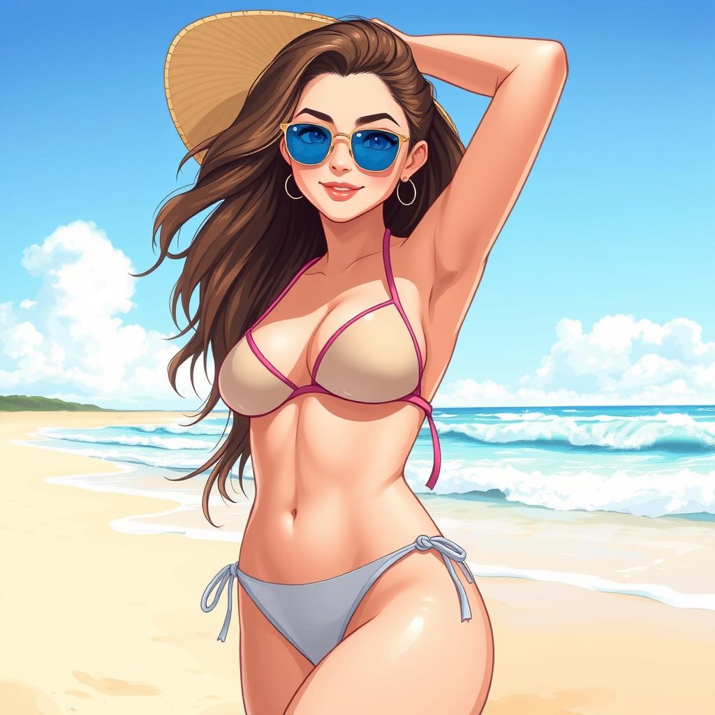 A detailed illustration of a young woman on a sunny beach, wearing a stylish bikini