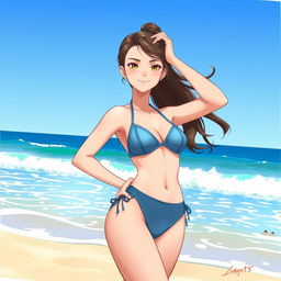 A detailed illustration of a young woman on a sunny beach, wearing a stylish bikini