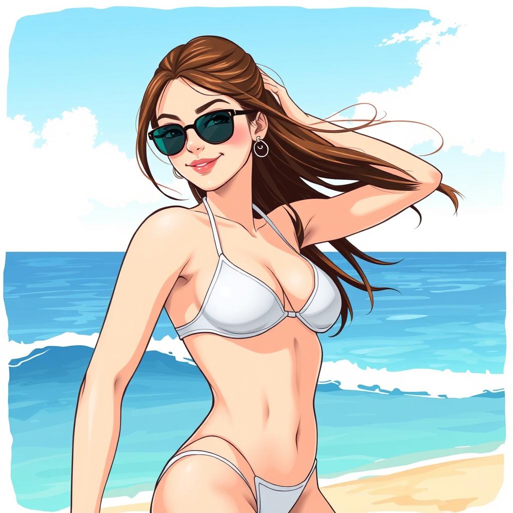 A detailed illustration of a young woman on a sunny beach, wearing a stylish bikini