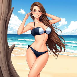 A detailed illustration of a young woman on a sunny beach, wearing a stylish bikini