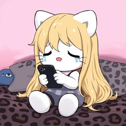 A 2D anime illustration of Hello Kitty with long, realistic dirty blonde hair, crying while texting on a phone