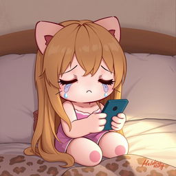 A 2D anime illustration of Hello Kitty with long, realistic dirty blonde hair, crying while texting on a phone