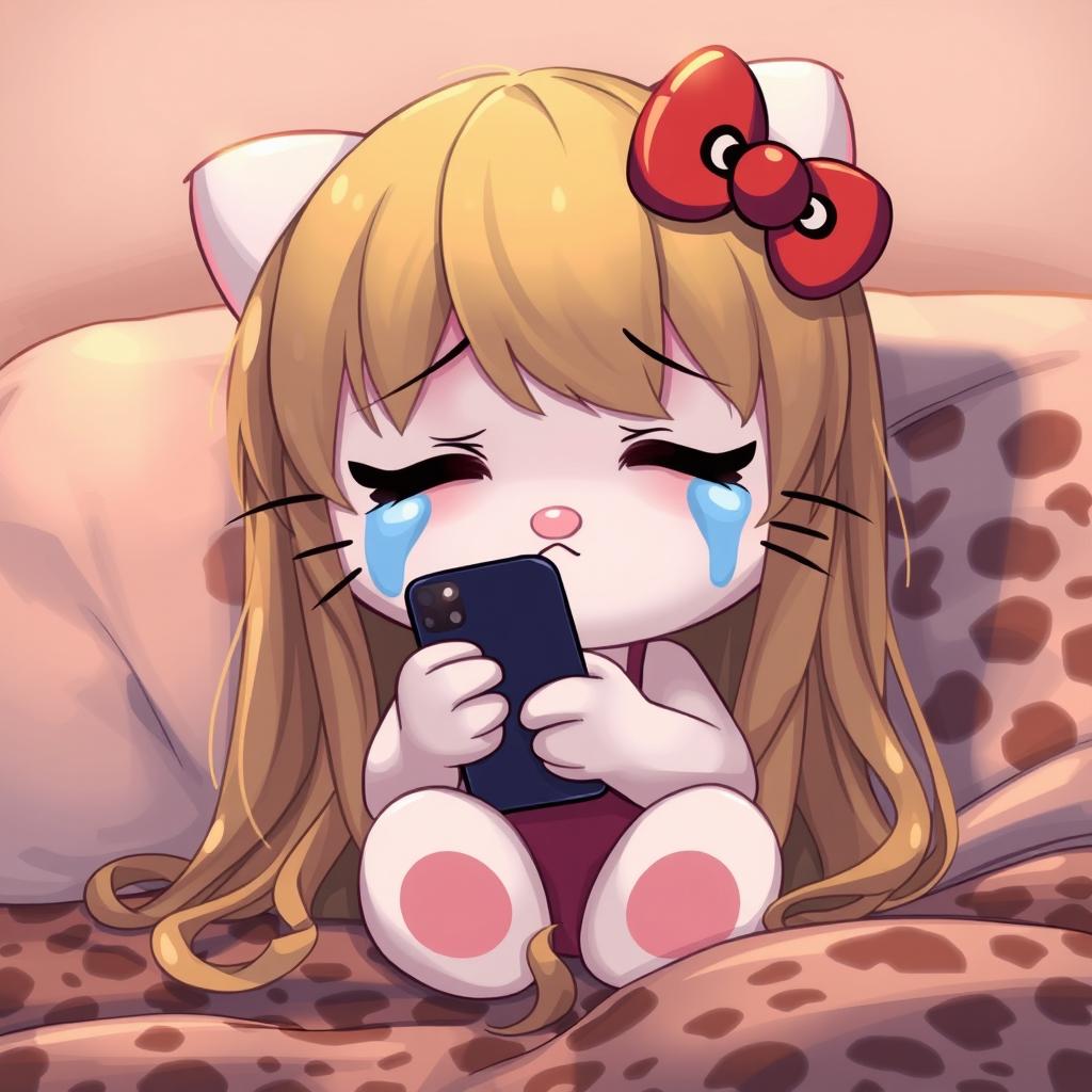 A 2D anime illustration of Hello Kitty with long, realistic dirty blonde hair, crying while texting on a phone