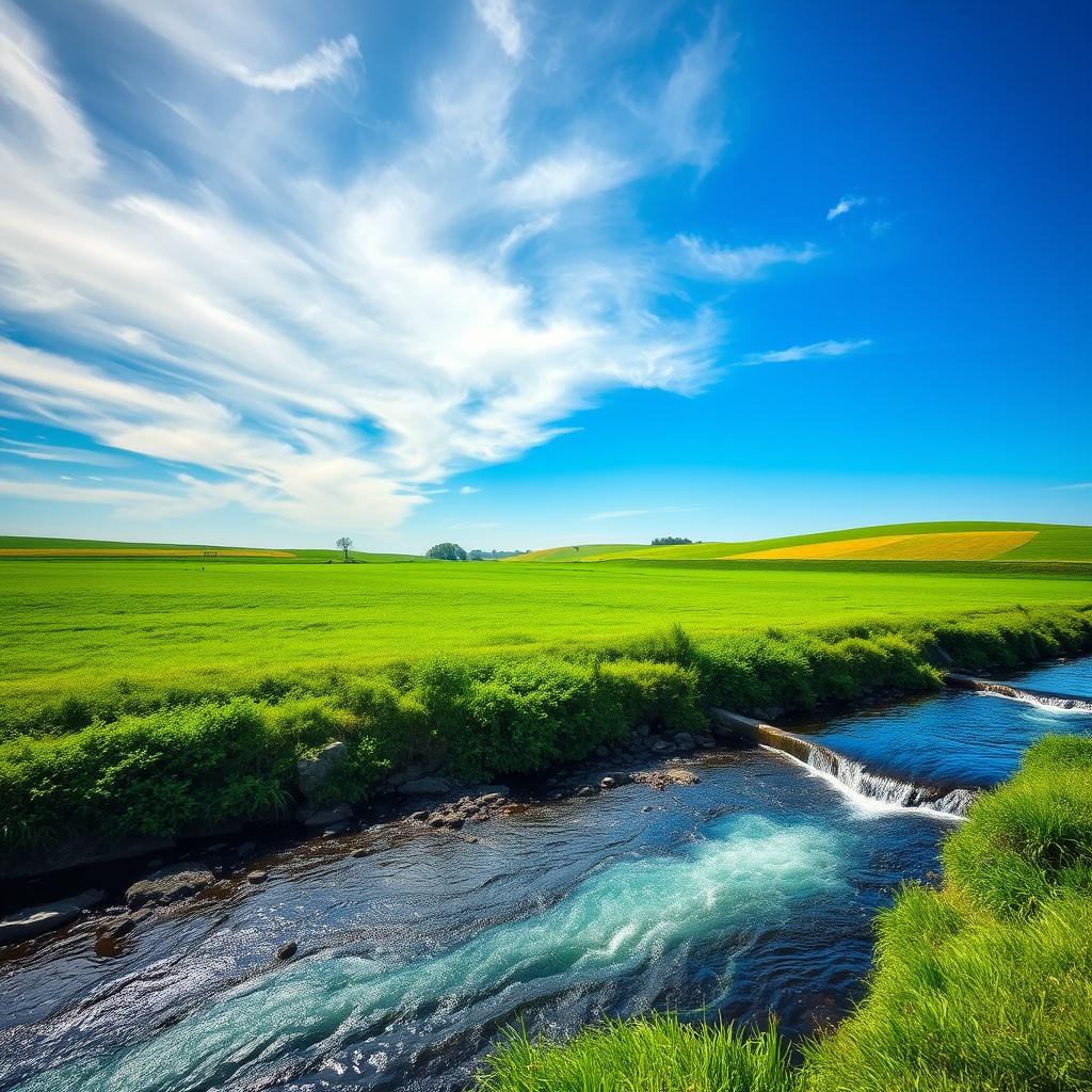 A beautifully composed photograph capturing a serene landscape with a clear blue sky, lush green fields, and a tranquil river flowing through the scene