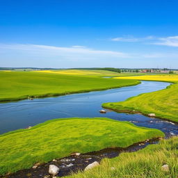 A beautifully composed photograph capturing a serene landscape with a clear blue sky, lush green fields, and a tranquil river flowing through the scene