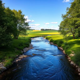 A beautifully composed photograph capturing a serene landscape with a clear blue sky, lush green fields, and a tranquil river flowing through the scene