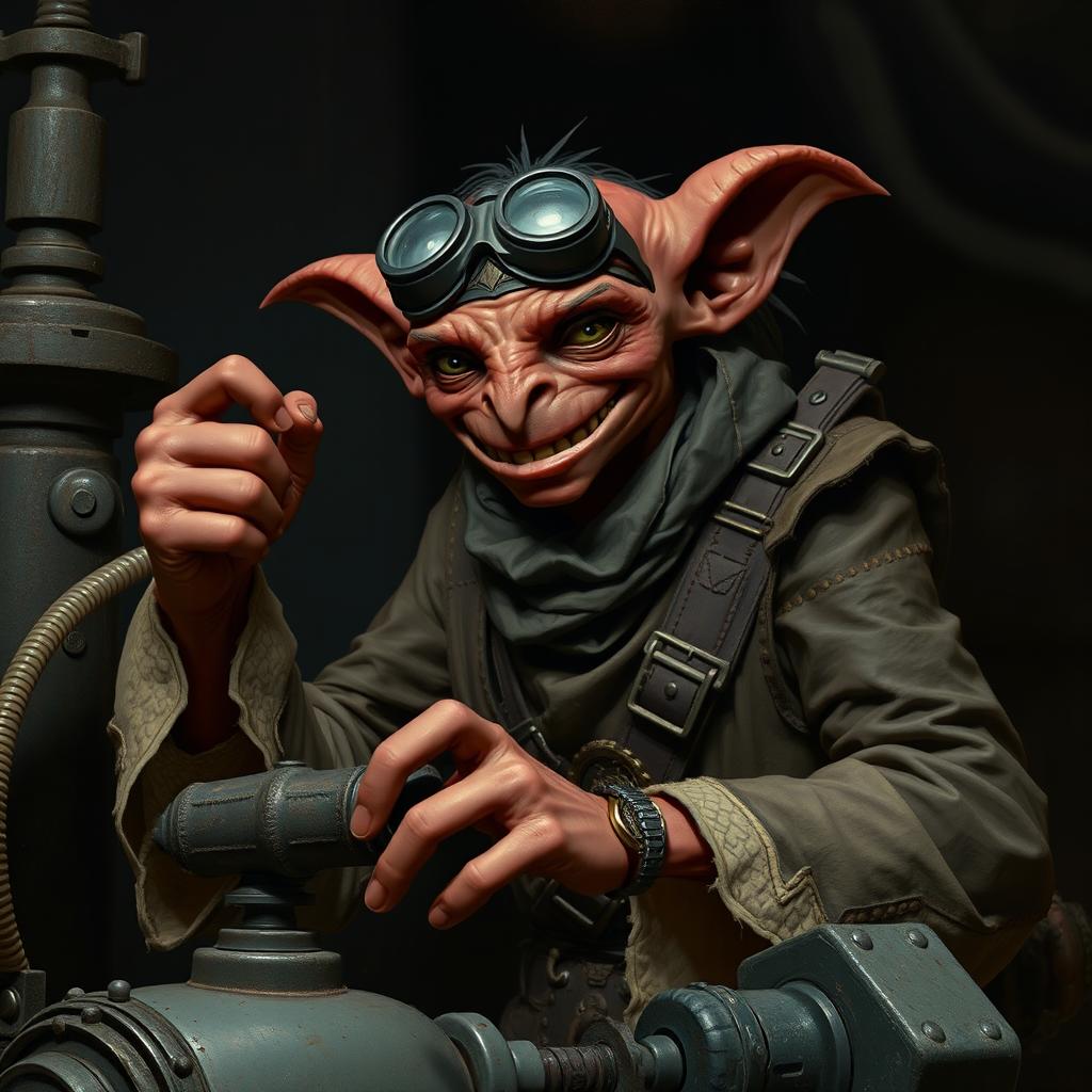 A male goblin artificer with dark red skin in steampunk times, wearing ragged, oily clothing with the sleeves torn off