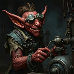 A male goblin artificer with dark red skin in steampunk times, wearing ragged, oily clothing with the sleeves torn off