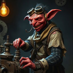 A male goblin artificer with dark red skin in steampunk times, wearing ragged, oily clothing with the sleeves torn off