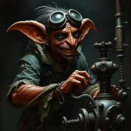 A male goblin artificer with dark red skin in steampunk times, wearing ragged, oily clothing with the sleeves torn off