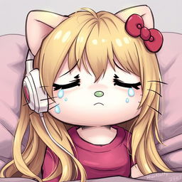 A detailed illustration of Hello Kitty with long, realistic dirty blonde hair, crying while wearing white wireless headphones