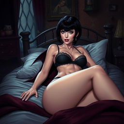 Mavis Dracula lying on a bed, wearing a bra and thong