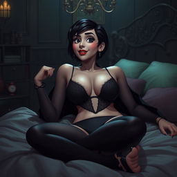 Mavis Dracula lying on a bed, wearing a bra and thong