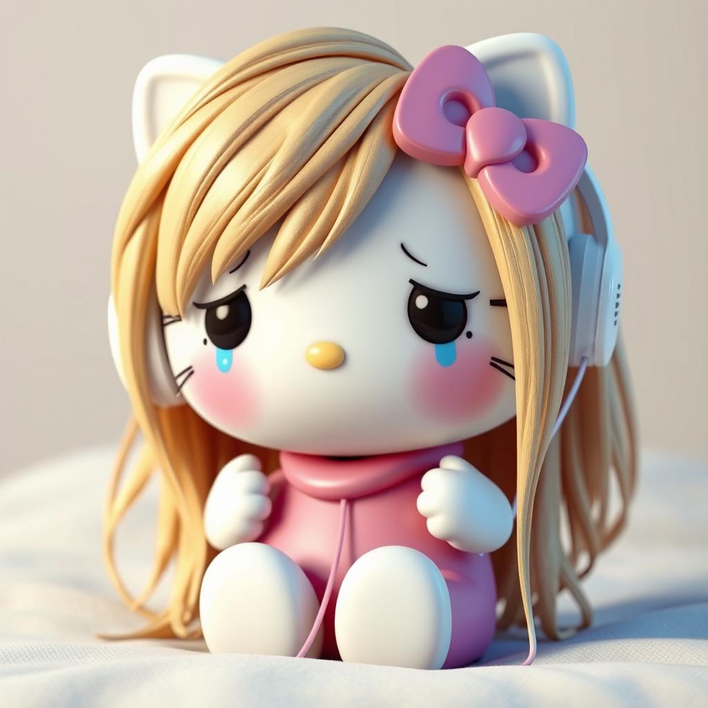 A 3D rendering of Hello Kitty with long, realistic dirty blonde hair, crying while wearing white wireless headphones