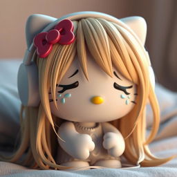 A 3D rendering of Hello Kitty with long, realistic dirty blonde hair, crying while wearing white wireless headphones