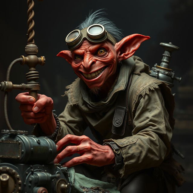 A male goblin artificer with dark red skin in steampunk times, wearing ragged, oily clothing with the sleeves torn off