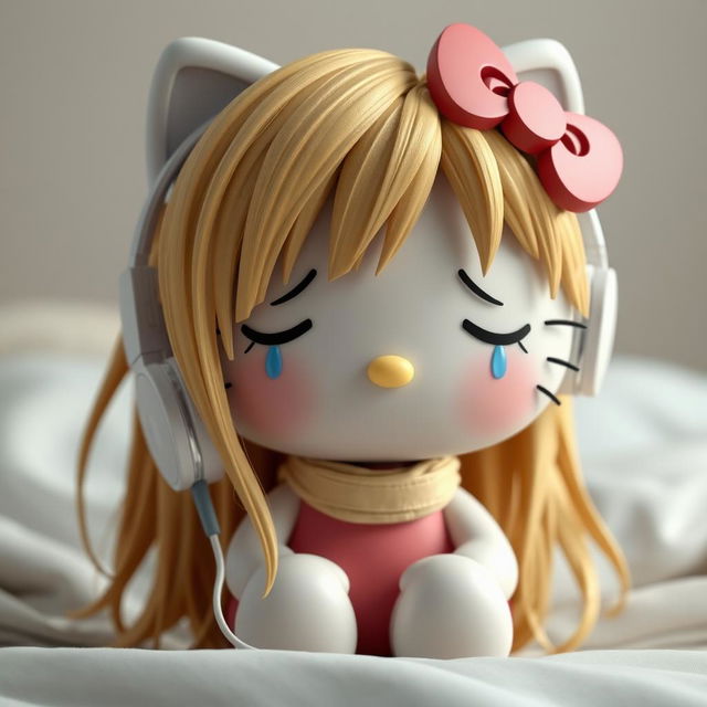 A 3D rendering of Hello Kitty with long, realistic dirty blonde hair, crying while wearing white wireless headphones