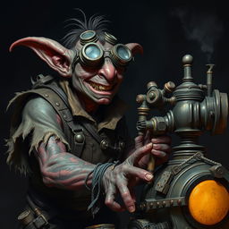 A male goblin artificer with dark red skin in steampunk times, wearing ragged, oily clothing with the sleeves torn off