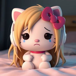 A 3D rendering of Hello Kitty with long, realistic dirty blonde hair, crying while wearing white wireless headphones