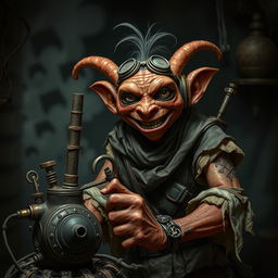 A male goblin artificer with dark red skin in steampunk times, wearing ragged, oily clothing with the sleeves torn off