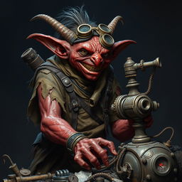 A male goblin artificer with dark red skin in steampunk times, wearing ragged, oily clothing with the sleeves torn off