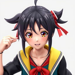 A 3D rendering of an anime character, featuring detailed and expressive facial features, vibrant colors, and a dynamic pose