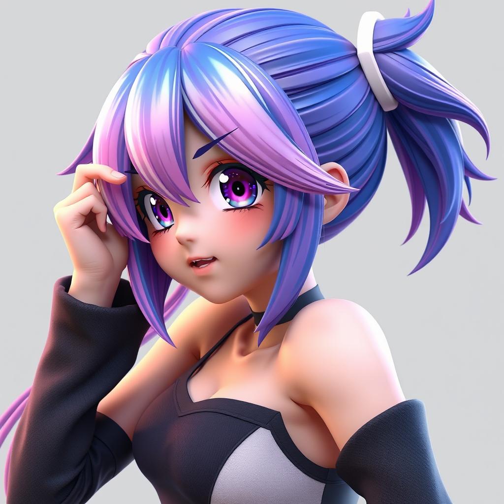 A 3D rendering of an anime character, featuring detailed and expressive facial features, vibrant colors, and a dynamic pose