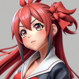 A 3D rendering of an anime character, featuring detailed and expressive facial features, vibrant colors, and a dynamic pose