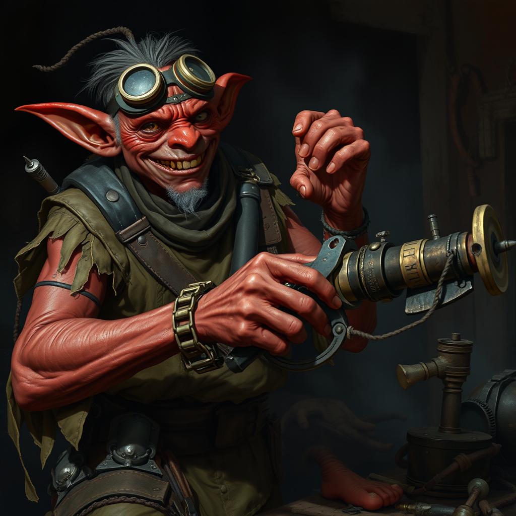 A male goblin artificer with dark red skin in steampunk times, wearing ragged, oily clothing with the sleeves torn off