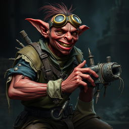 A male goblin artificer with dark red skin in steampunk times, wearing ragged, oily clothing with the sleeves torn off