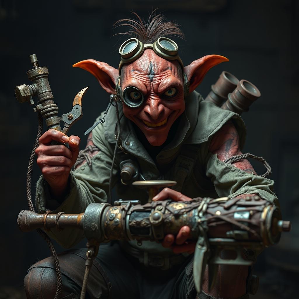 A male goblin artificer with dark red skin in steampunk times, wearing ragged, oily clothing with the sleeves torn off