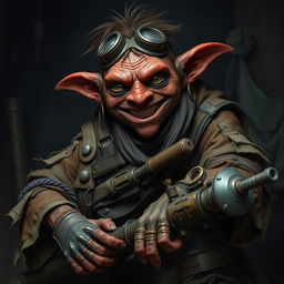 A male goblin artificer with dark red skin in steampunk times, wearing ragged, oily clothing with the sleeves torn off