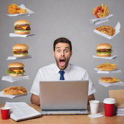 A stressed professional juggling a work laptop, study books and a part-time job uniform, surrounded by fast food containers indicative of unhealthy eating due to time constraints.