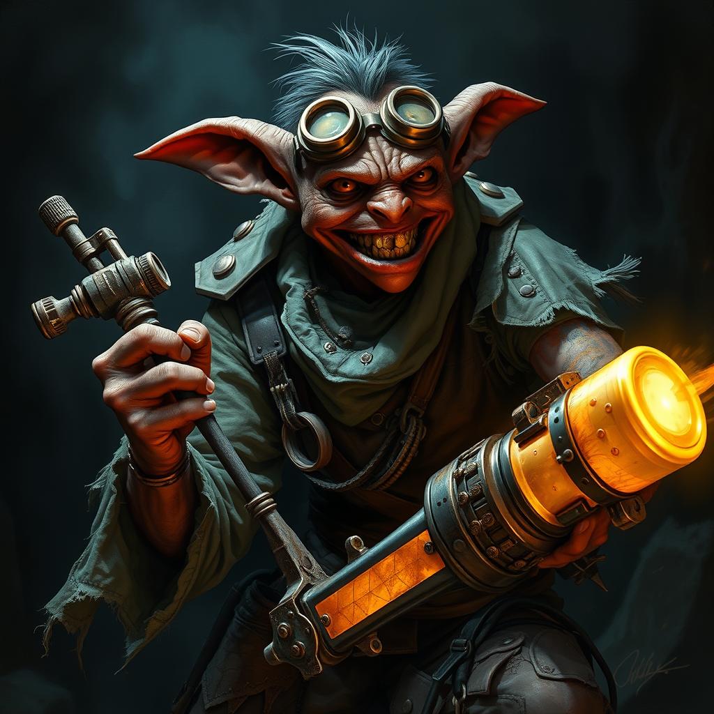 A male goblin artificer with dark red skin in steampunk times, wearing ragged, torn, oil-stained clothing with the sleeves ripped off