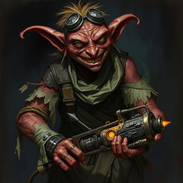 A male goblin artificer with dark red skin in steampunk times, wearing ragged, torn, oil-stained clothing with the sleeves ripped off