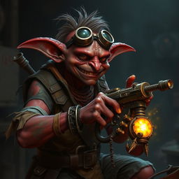 A male goblin artificer with dark red skin in steampunk times, wearing ragged, torn, oil-stained clothing with the sleeves ripped off