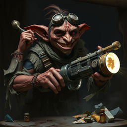 A male goblin artificer with dark red skin in steampunk times, wearing ragged, torn, oil-stained clothing with the sleeves ripped off