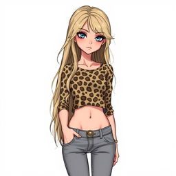 A detailed illustration of a girl with long dirty blonde hair, wearing a leopard print top and grey bootcut jeans