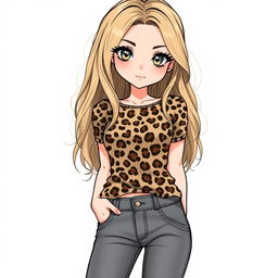 A detailed illustration of a girl with long dirty blonde hair, wearing a leopard print top and grey bootcut jeans