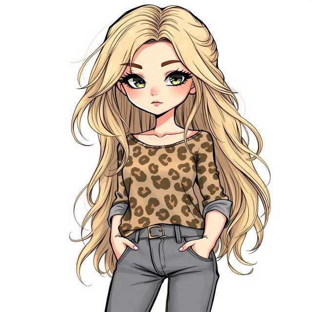 A detailed illustration of a girl with long dirty blonde hair, wearing a leopard print top and grey bootcut jeans