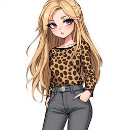 A detailed illustration of a girl with long dirty blonde hair, wearing a leopard print top and grey bootcut jeans