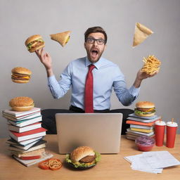 A stressed professional juggling a work laptop, study books and a part-time job uniform, surrounded by fast food containers indicative of unhealthy eating due to time constraints.