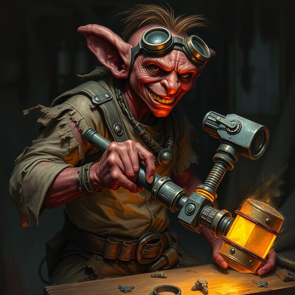 A male goblin artificer with dark red skin in steampunk times, wearing ragged, torn, oil-stained clothing with the sleeves ripped off