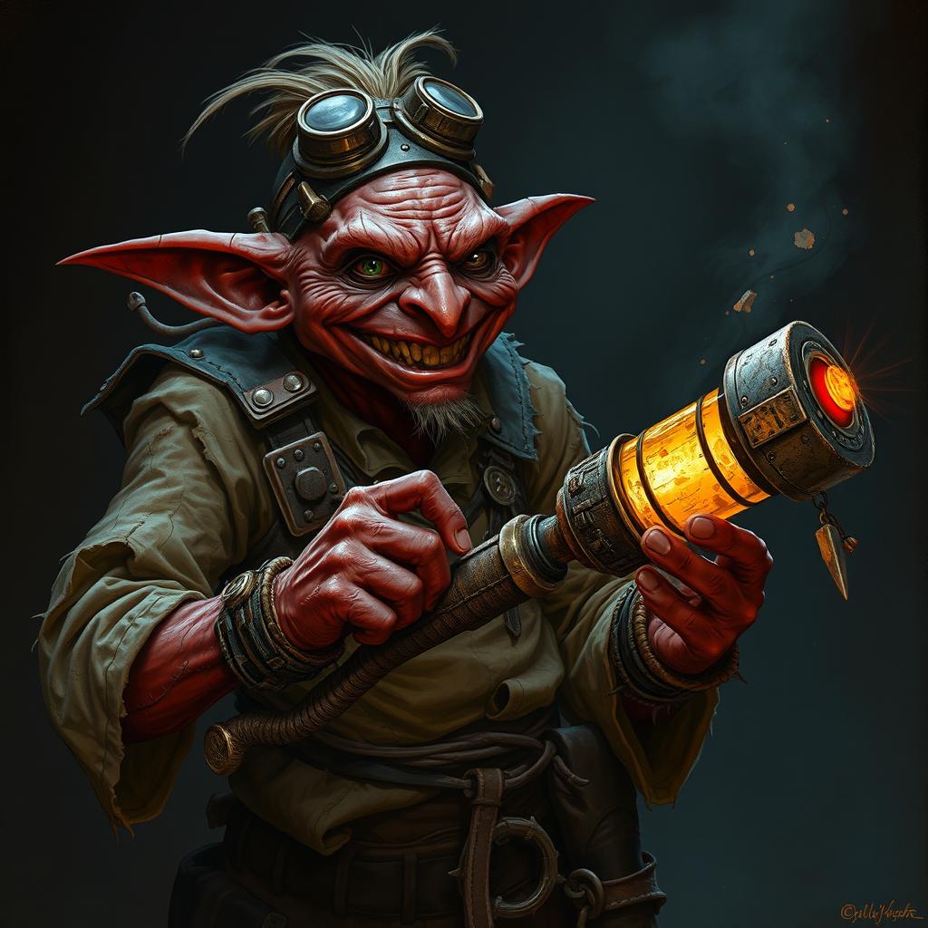 A male goblin artificer with dark red skin in steampunk times, wearing ragged, torn, oil-stained clothing with the sleeves ripped off