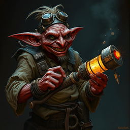 A male goblin artificer with dark red skin in steampunk times, wearing ragged, torn, oil-stained clothing with the sleeves ripped off